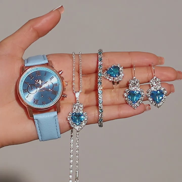 Gorgeous and Fashionable Silvery Quartz Watch+ New Silvery Jewelry Set